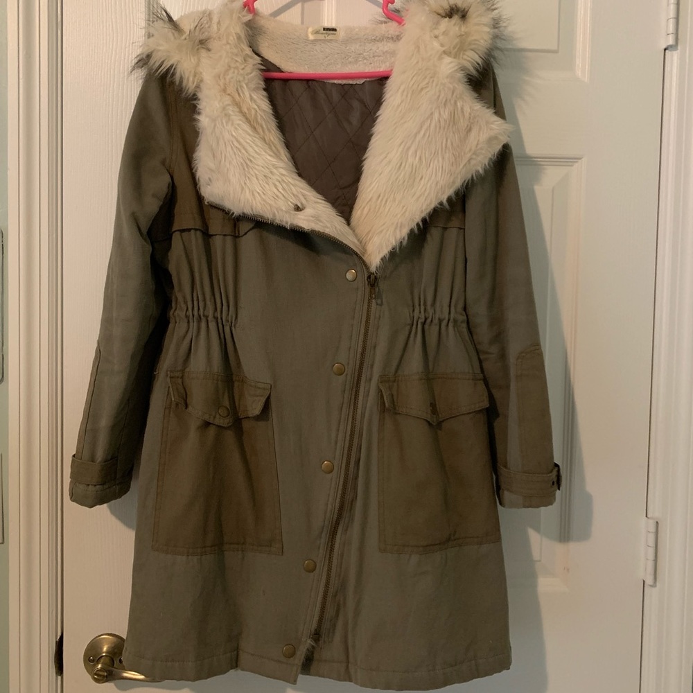 LF Olive Hooded Trench Coat w/ Faux Fur